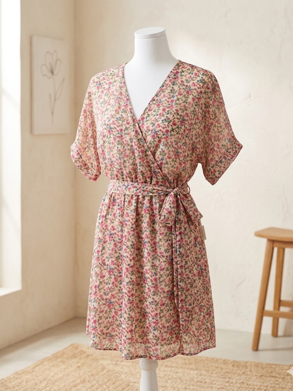 Floral mini dress faux wrap fully lined elastic gathered waist size large
